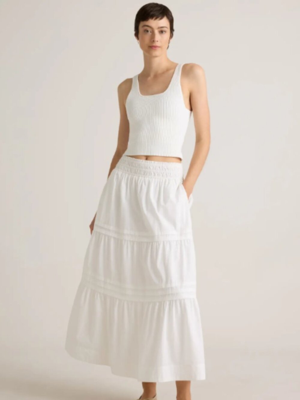 Quince 100% Organic Cotton Poplin Tiered Maxi Skirt White - Small